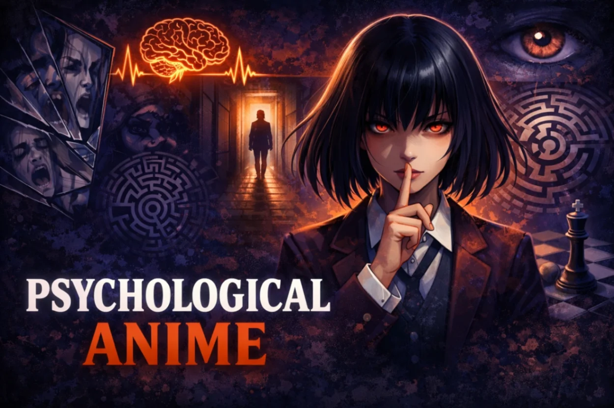 Psychological anime artwork showing a mysterious female character, symbolizing mind games, deep emotions, and mental struggles in anime stories