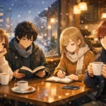 Four anime characters in a cozy winter café sharing everyday moments in anime with warm lighting.