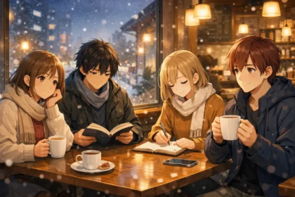 Four anime characters in a cozy winter café sharing everyday moments in anime with warm lighting.