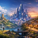 Anime worldbuilding illustrated through a fantasy landscape, futuristic city, and traditional town in a single immersive anime environment