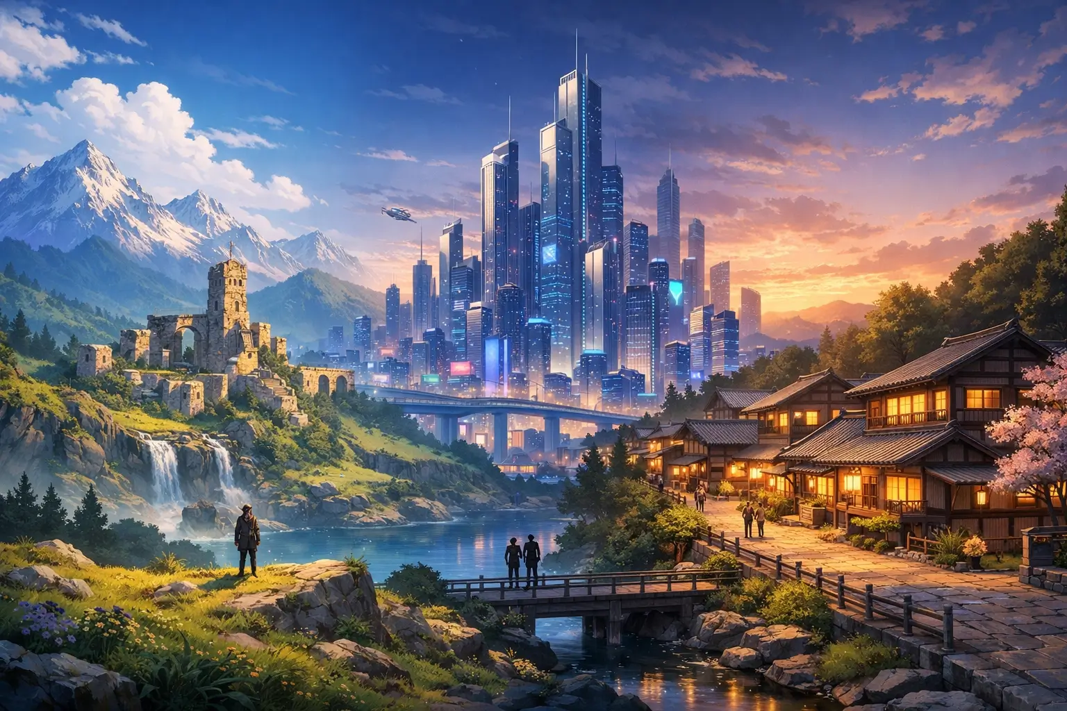 Anime worldbuilding illustrated through a fantasy landscape, futuristic city, and traditional town in a single immersive anime environment