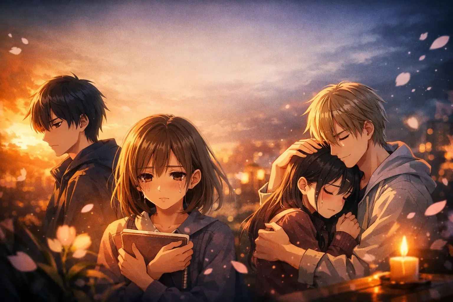 Anime characters in an emotional cinematic scene representing anime storytelling and deep narrative emotions