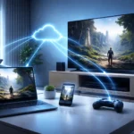 Cloud gaming setup showing laptop, smartphone, and smart TV connected through cloud network lines