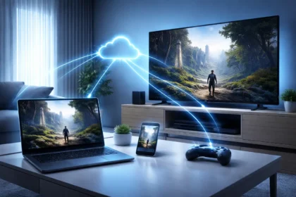 Cloud gaming setup showing laptop, smartphone, and smart TV connected through cloud network lines