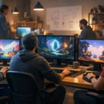 Indie Games in 2026: Developers working in a creative studio on computers, designing colorful and innovative game worlds.