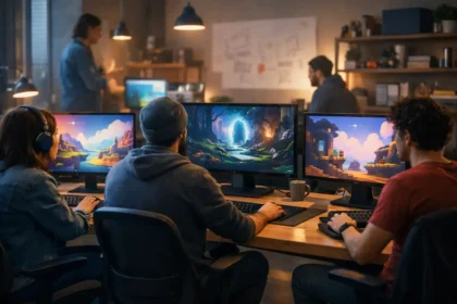 Indie Games in 2026: Developers working in a creative studio on computers, designing colorful and innovative game worlds.