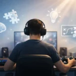 Video Games and Skill Development illustrated by a focused gamer surrounded by icons of creativity, strategy, and problem-solving.