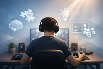 Video Games and Skill Development illustrated by a focused gamer surrounded by icons of creativity, strategy, and problem-solving.