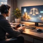 Gamer at a modern desk illustrating smart game monetization with balanced icons.