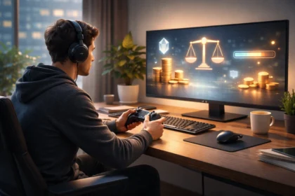 Gamer at a modern desk illustrating smart game monetization with balanced icons.