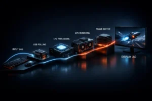 High-tech visualization of PC input latency, showing delays from keyboard and mouse through CPU, GPU, frame buffer, to display.