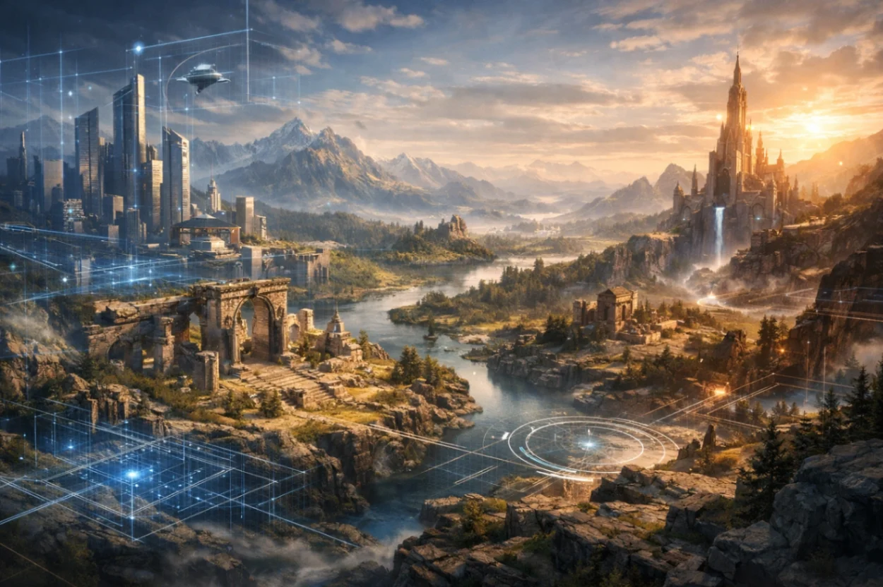 game world design showcasing immersive digital environments and interconnected virtual spaces in modern video games