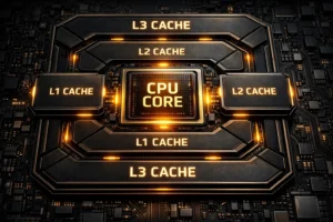 Ultra-detailed CPU cache hierarchy showing L1, L2, and L3 layers for optimal CPU cache performance.