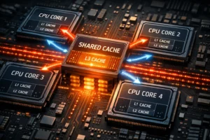 High-end illustration of CPU cores sharing cache resources, highlighting data flow and cache performance.