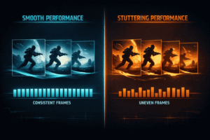 Comparison of smooth vs stuttering gameplay highlighting frame time consistency in modern video games.