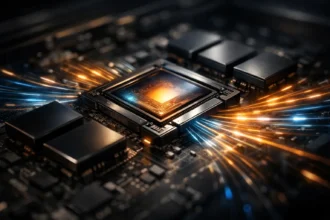 Close-up view of a GPU with VRAM chips and glowing data streams, illustrating GPU thermal throttling in modern graphics cards