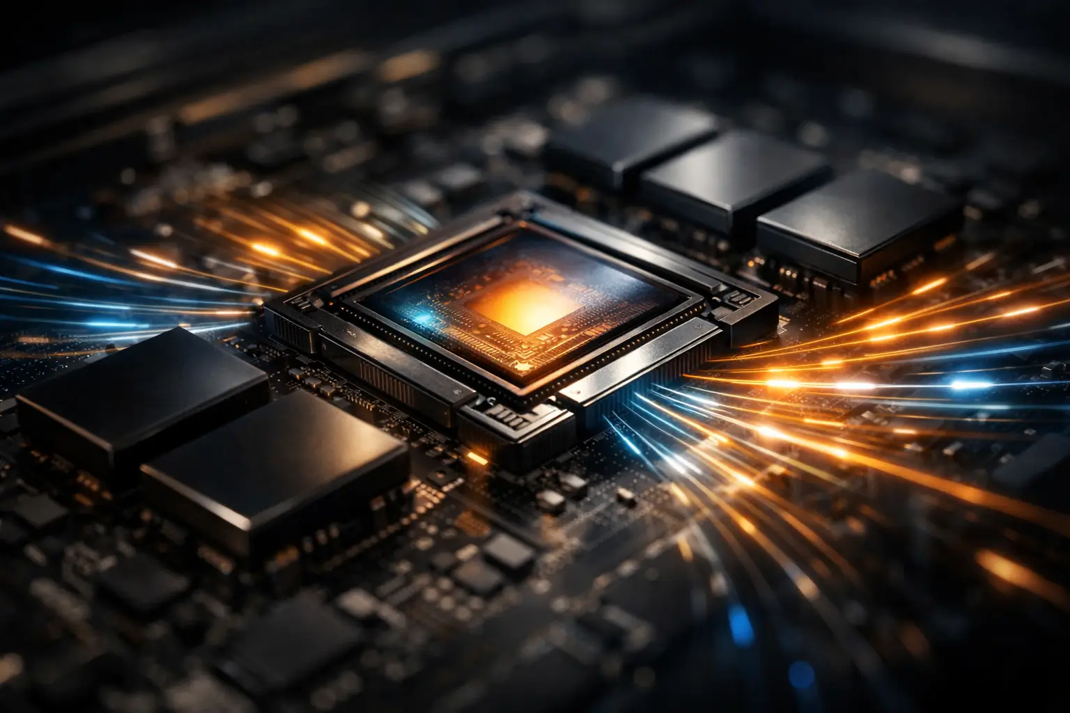 Close-up view of a GPU with VRAM chips and glowing data streams, illustrating GPU thermal throttling in modern graphics cards