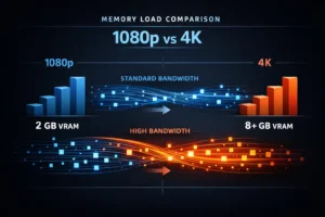 GPU Memory Bandwidth comparison at 1080p vs 4K showing VRAM usage and data flow visualization