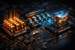 High-end GPU illustration showing shader cores and frame buffers visualizing input latency performance.
