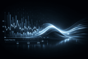 High-performance gaming analytics visualization showing frame time consistency, real-time performance graph, and smooth rendering stability