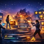 Game progression systems illustration showing player advancement, skill development, and achievement rewards in a modern digital game environment