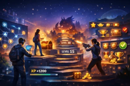 Game progression systems illustration showing player advancement, skill development, and achievement rewards in a modern digital game environment