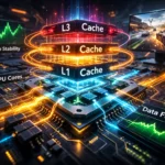 Illustration of CPU cache performance showing L1, L2, L3 cache layers, data flow between cores, and gaming frame stability.