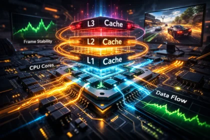 Illustration of CPU cache performance showing L1, L2, L3 cache layers, data flow between cores, and gaming frame stability.