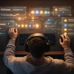 Overhead view of a modern gaming desk showing a player interacting with holographic interfaces, representing player engagement in games through progression bars, skill icons, and achievement badges.