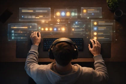 Overhead view of a modern gaming desk showing a player interacting with holographic interfaces, representing player engagement in games through progression bars, skill icons, and achievement badges.