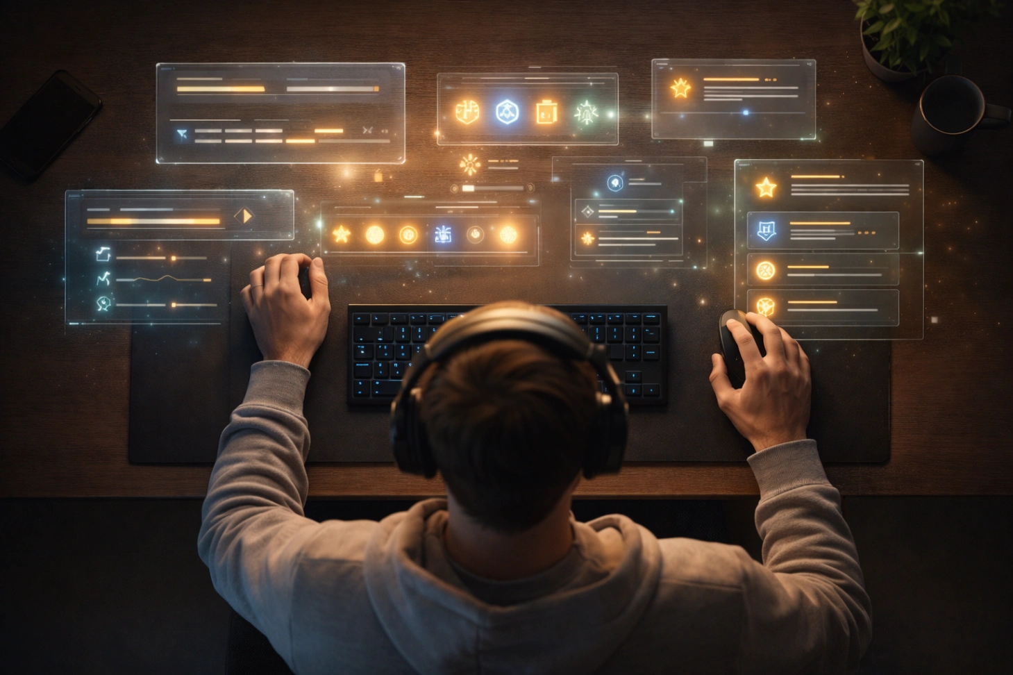 Overhead view of a modern gaming desk showing a player interacting with holographic interfaces, representing player engagement in games through progression bars, skill icons, and achievement badges.