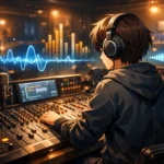 Anime soundtracks studio: a character mixing music and sound effects in a detailed anime-style recording studio.