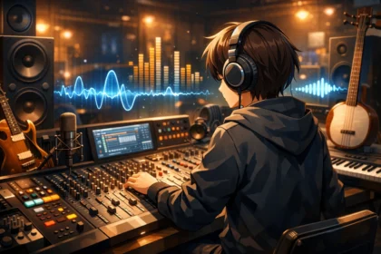 Anime soundtracks studio: a character mixing music and sound effects in a detailed anime-style recording studio.