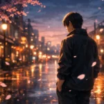 Anime character in a serene urban street at dusk, capturing deep anime atmosphere with cherry blossoms and reflective wet pavement.