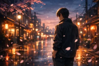 Anime character in a serene urban street at dusk, capturing deep anime atmosphere with cherry blossoms and reflective wet pavement.