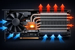 Detailed cross-section of a GPU cooling system showing heatsink, heat pipes, and airflow, illustrating GPU thermal throttling.