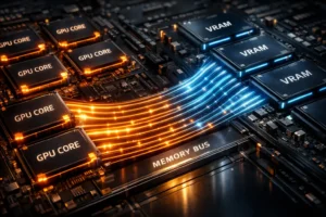 Ultra-realistic GPU memory data flow illustration showing VRAM and GPU cores exchanging data via memory bus.