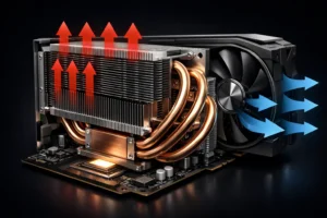 GPU cooling system cross-section illustrating heatsink, heat pipes, airflow, and GPU thermal throttling behavior.