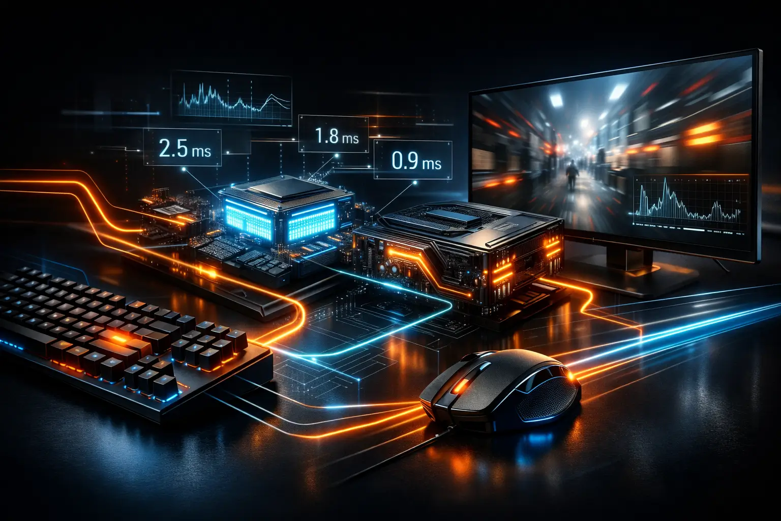 High-end PC gaming setup illustrating input latency pipeline with keyboard, mouse, CPU, GPU, and monitor.