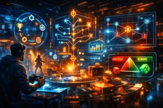 Illustration of game mechanics showing core gameplay systems, player interaction, and progression loops in a modern video game.