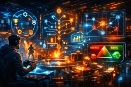 Illustration of game mechanics showing core gameplay systems, player interaction, and progression loops in a modern video game.