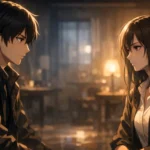 Anime Moral Ambiguity – two characters in a morally complex situation, expressing emotional tension and ethical uncertainty