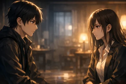 Anime Moral Ambiguity – two characters in a morally complex situation, expressing emotional tension and ethical uncertainty