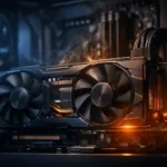 Ultra-realistic image of a high-end graphics card inside a PC case showing heat dynamics and cooling, illustrating GPU thermal throttling effects