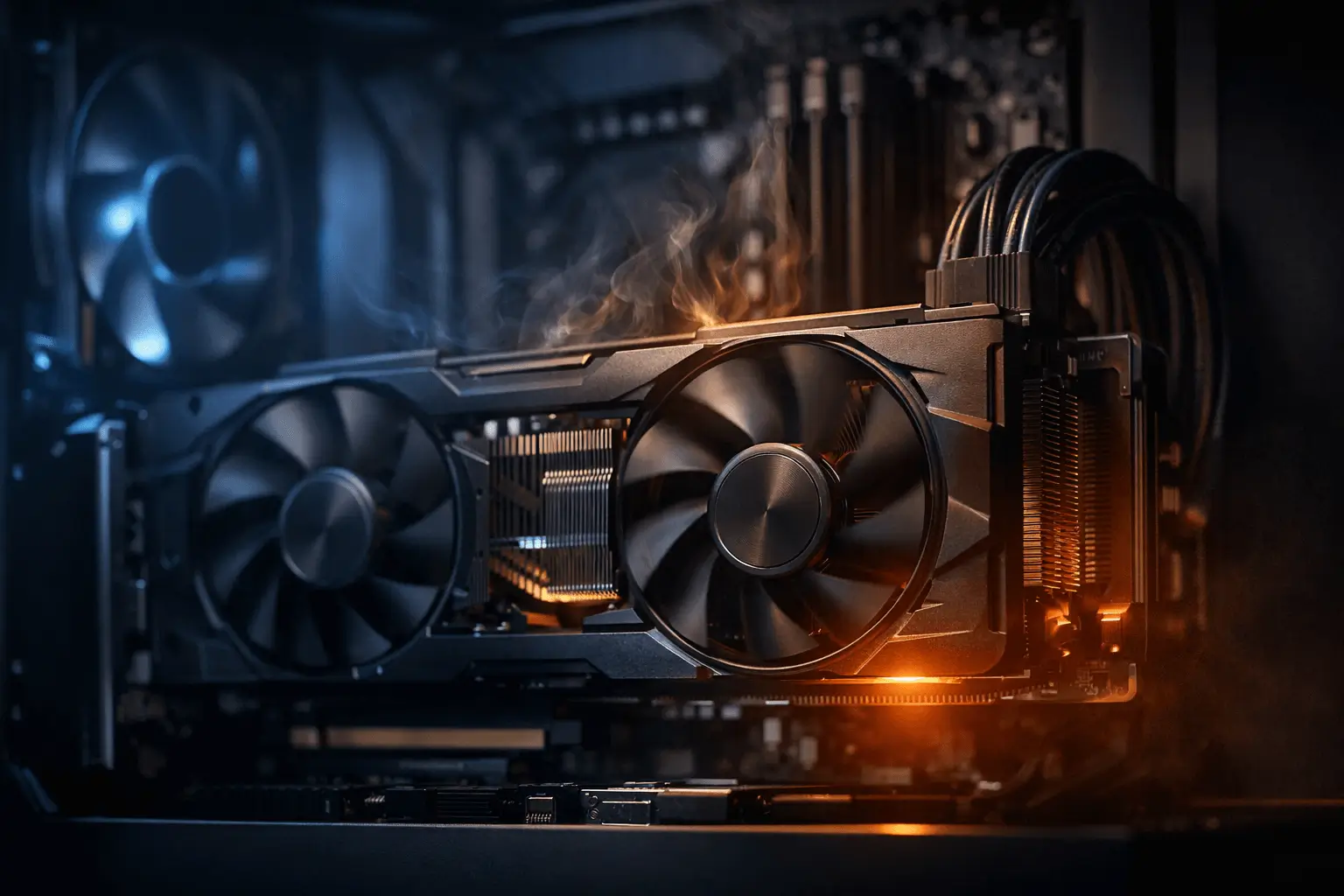 Ultra-realistic image of a high-end graphics card inside a PC case showing heat dynamics and cooling, illustrating GPU thermal throttling effects