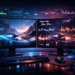 High-end gaming PC showing frame time consistency with smooth vs stuttering gameplay on dual monitors, GPU and CPU performance metrics displayed.