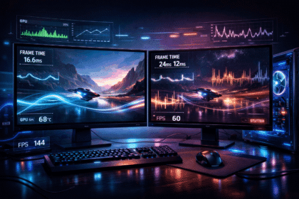 High-end gaming PC showing frame time consistency with smooth vs stuttering gameplay on dual monitors, GPU and CPU performance metrics displayed.