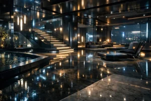 Real-Time Ray Tracing reflections and global illumination in a futuristic video game environment with realistic lighting and reflective surfaces