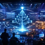 Esports formats taxonomy visualization showing tournament structures like open qualifiers, franchise leagues, and invitational events in a futuristic esports arena