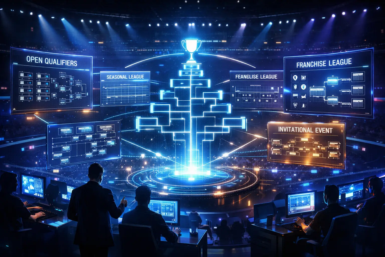 Esports formats taxonomy visualization showing tournament structures like open qualifiers, franchise leagues, and invitational events in a futuristic esports arena